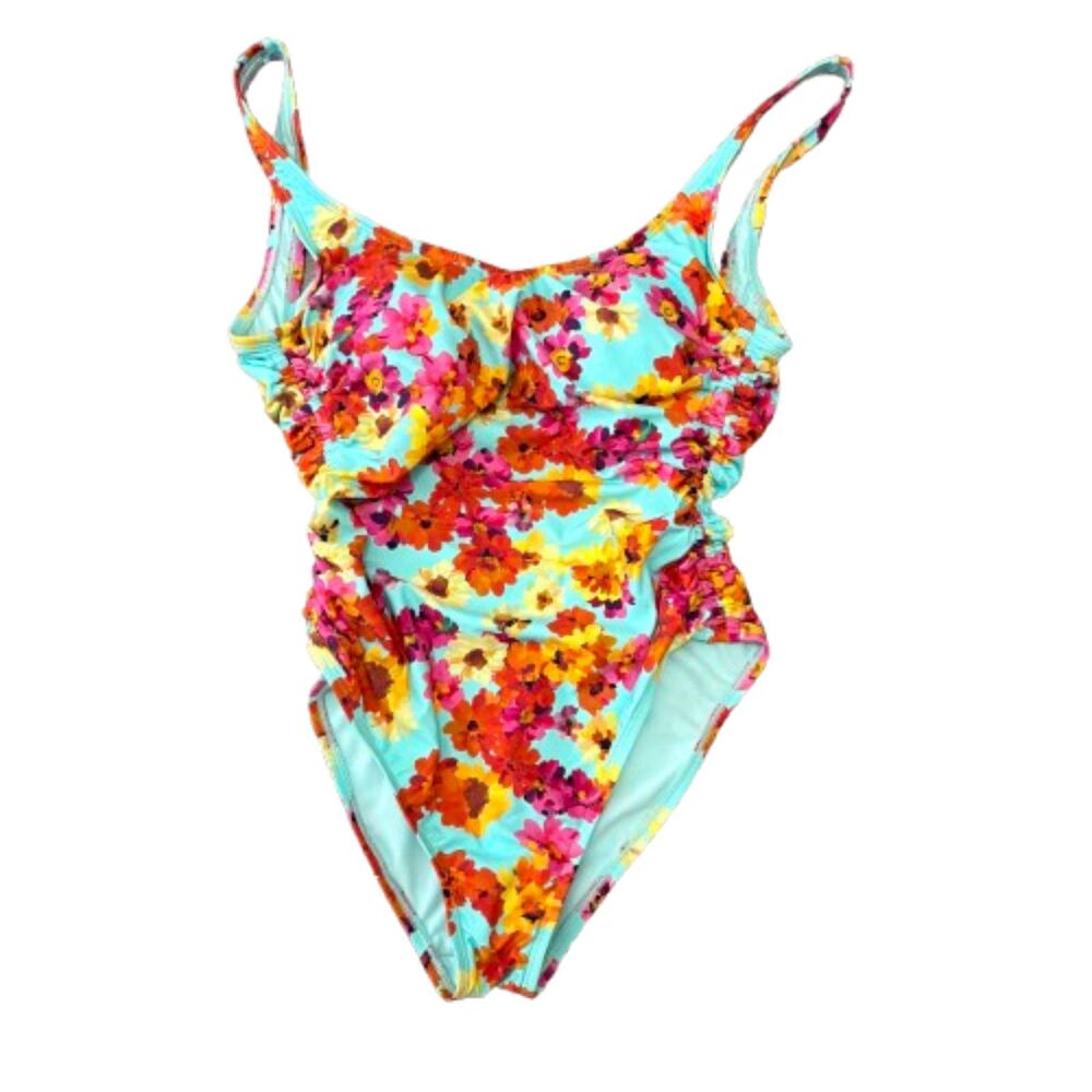 Kenneth Cole Reaction Floral Print One Piece Swimsuit Aqua Multi Size Medium